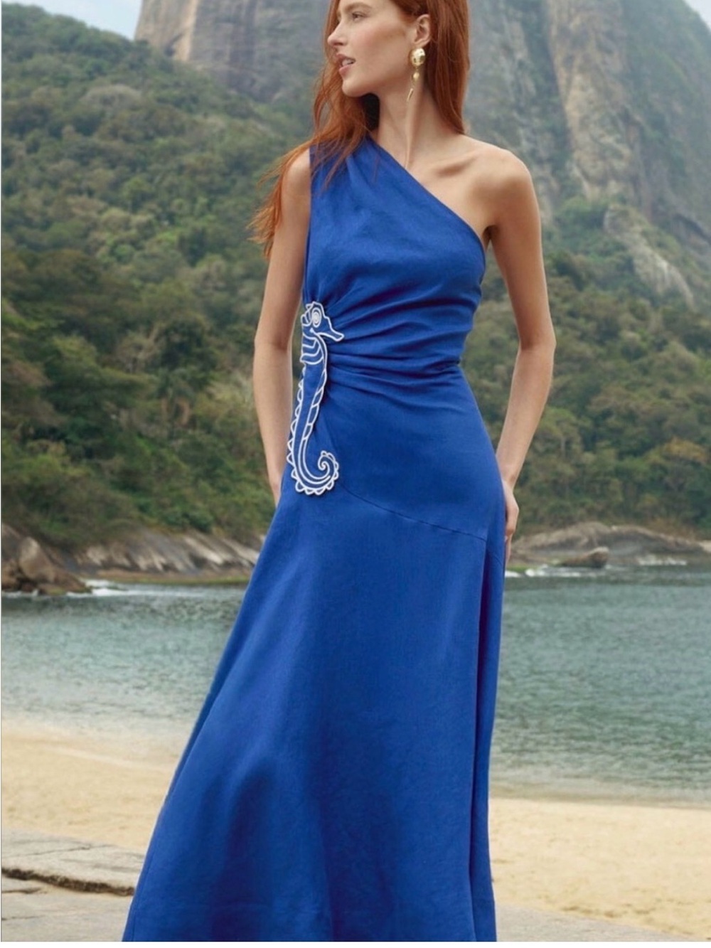 Farm Rio 100% Linen One-Shoulder Royal Blue Maxi Dress with Embroidered Seahorse